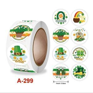 500 St. Patrick's Day Sticker Roll, 1 Inch 8 Styles Irish Green Shamrock